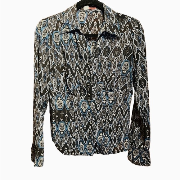 Semi Sheer Blue and Black Long Sleeve V-Neck Career Layer Blouse Top - Picture 2 of 12